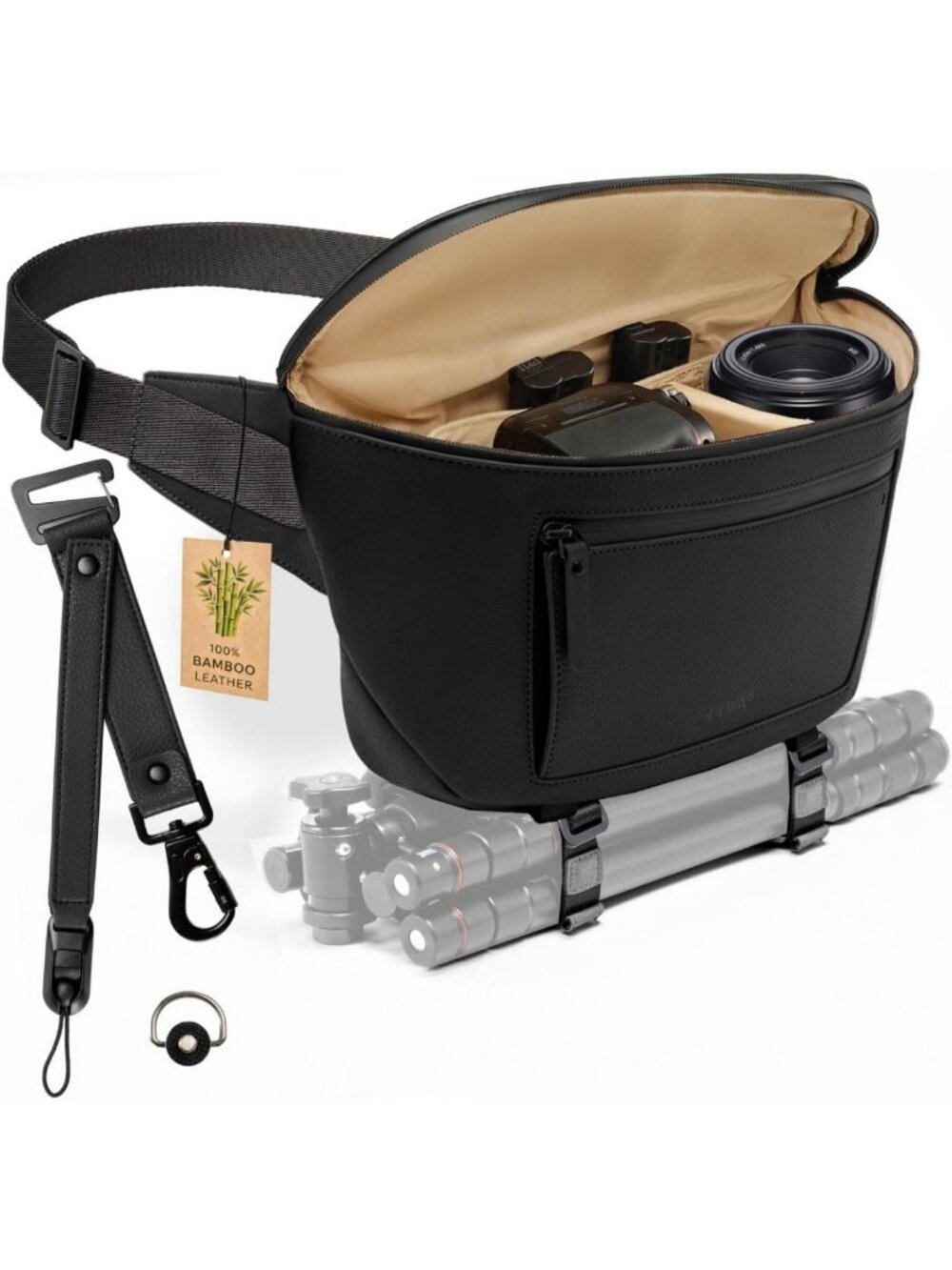 Weather Resistant Leather Camera Sling Bag, Crossbody Pouch with Tripod Holder